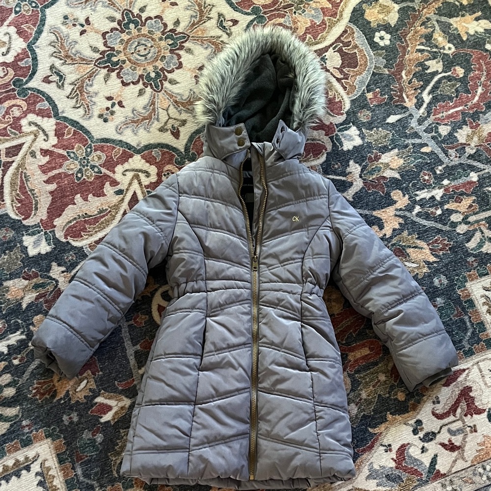 Calvin Klein Kids Gray Puffer Jacket with Faux Fur Hood